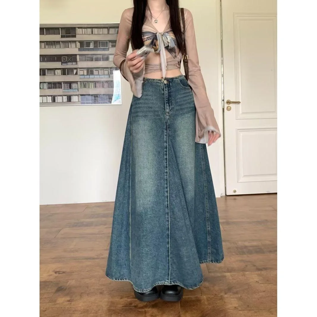 

Женская винтажная джинсовая юбка больших размеров, свободная, стройнящая, А-силуэт, длинная, повседневная, с высокой талией, утепленная пухом