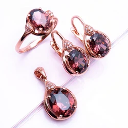 New design silver inlaid ruby oval open ring earrings elegant luxury 14K rose gold 585 purple gold series women jewelry set