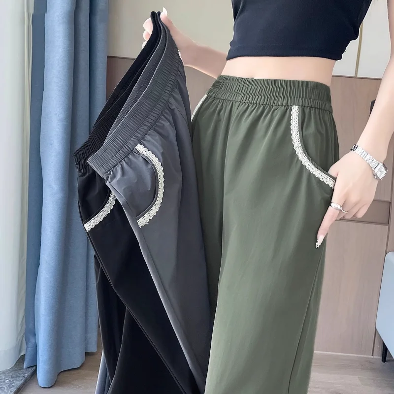 Women's 2025 Summer Pocket Lace Edge Design for Women Slim Large Size Quick-drying Wide Legs