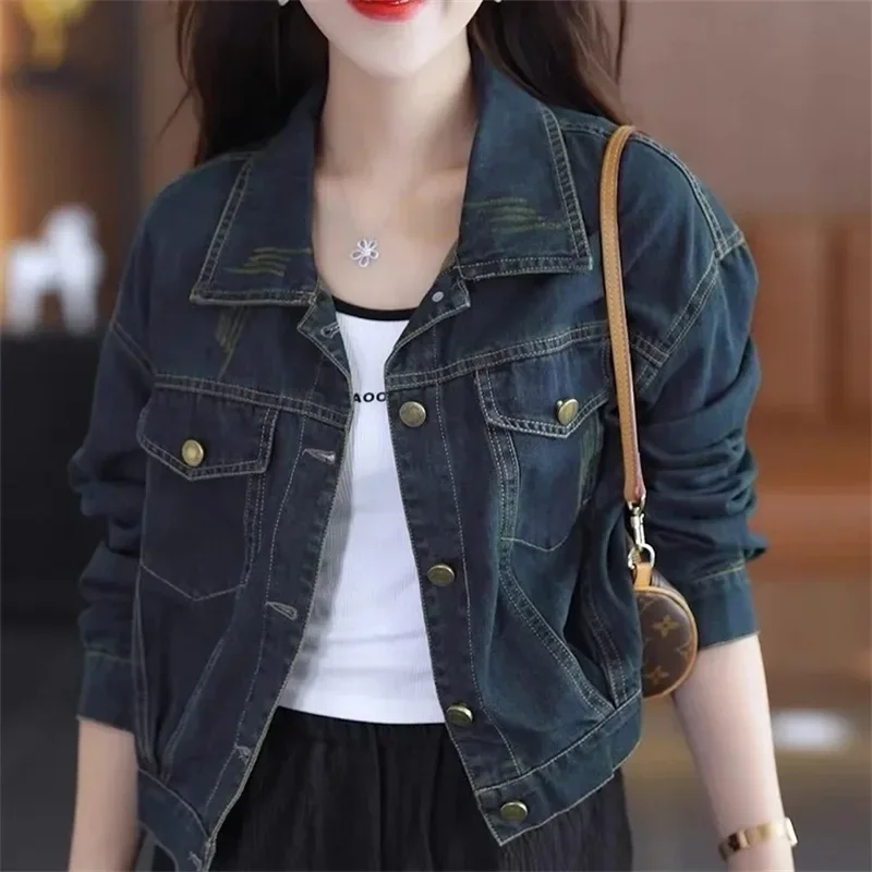 

Blue Cowboy Short Coat for Women 2025 Spring Autumn New Retro Versatile Denim Coat Single Breasted Women's Casual Outwear Tops