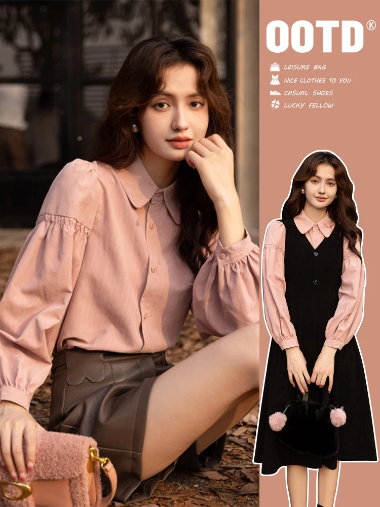 

Thickened Flocking Long Sleeve Women's Shirt Spring Autumn Winter Pink Inner Wear Base Layer Clothing Commute Style Pure Color