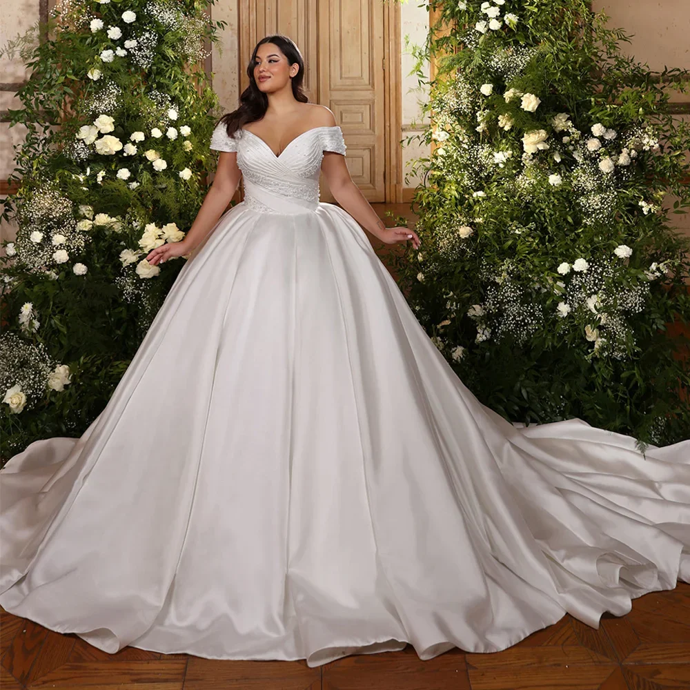 Customized Exquisite the Shoulder Satin Wedding Dresses Floor Length Pearls Beaded Bridal Gowns with Chapel Vestidos De Novia