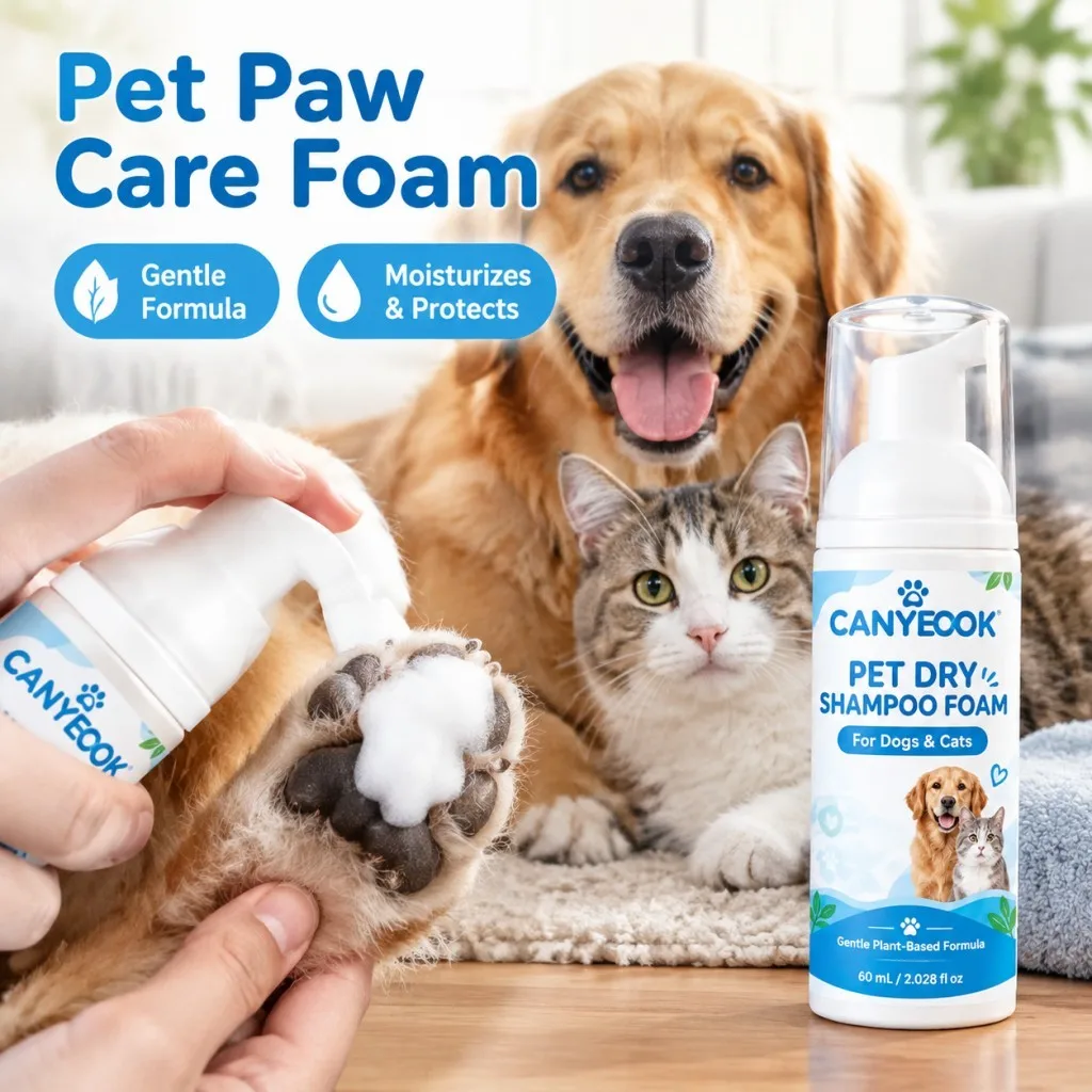 CANYEOOK Pet Dry Shampoo Foam 60ml No Rinse Plant Based Clean Paws Tail Butt for Dog Cat Waterless Grooming Care