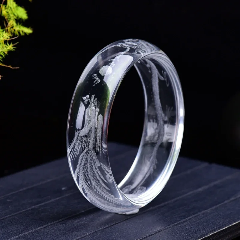 

Natural White Quartz Crystal Carved Dragon Phoenix Women Bangle 54mm 55mm 56mm 57mm 58mm 62mm 63mm Bangle AAAAA