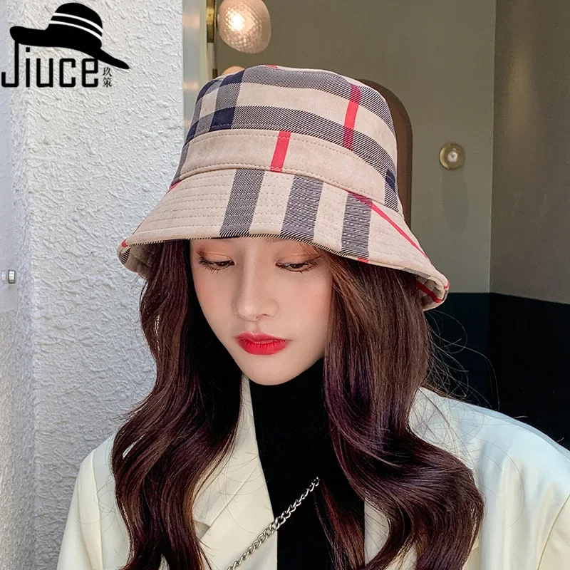 Female Korean Version Autumn and Winter New Color Checkered Fisherman Hat Suede Fabric Basin Hat Casual Folding Warm Hat