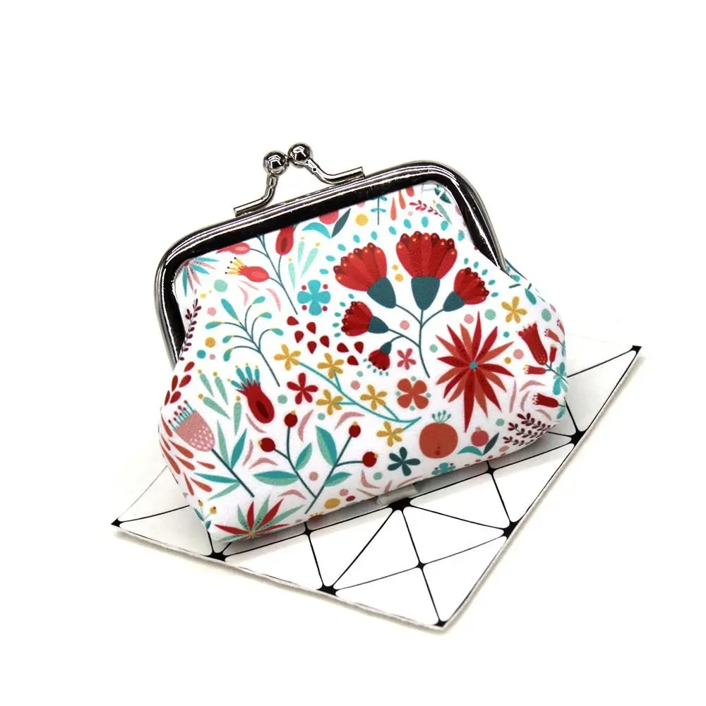 Cute PU Leather Coin Purse Flower Print Latte Clip Wallet Bag Lovely Style Convenient Handbag Women