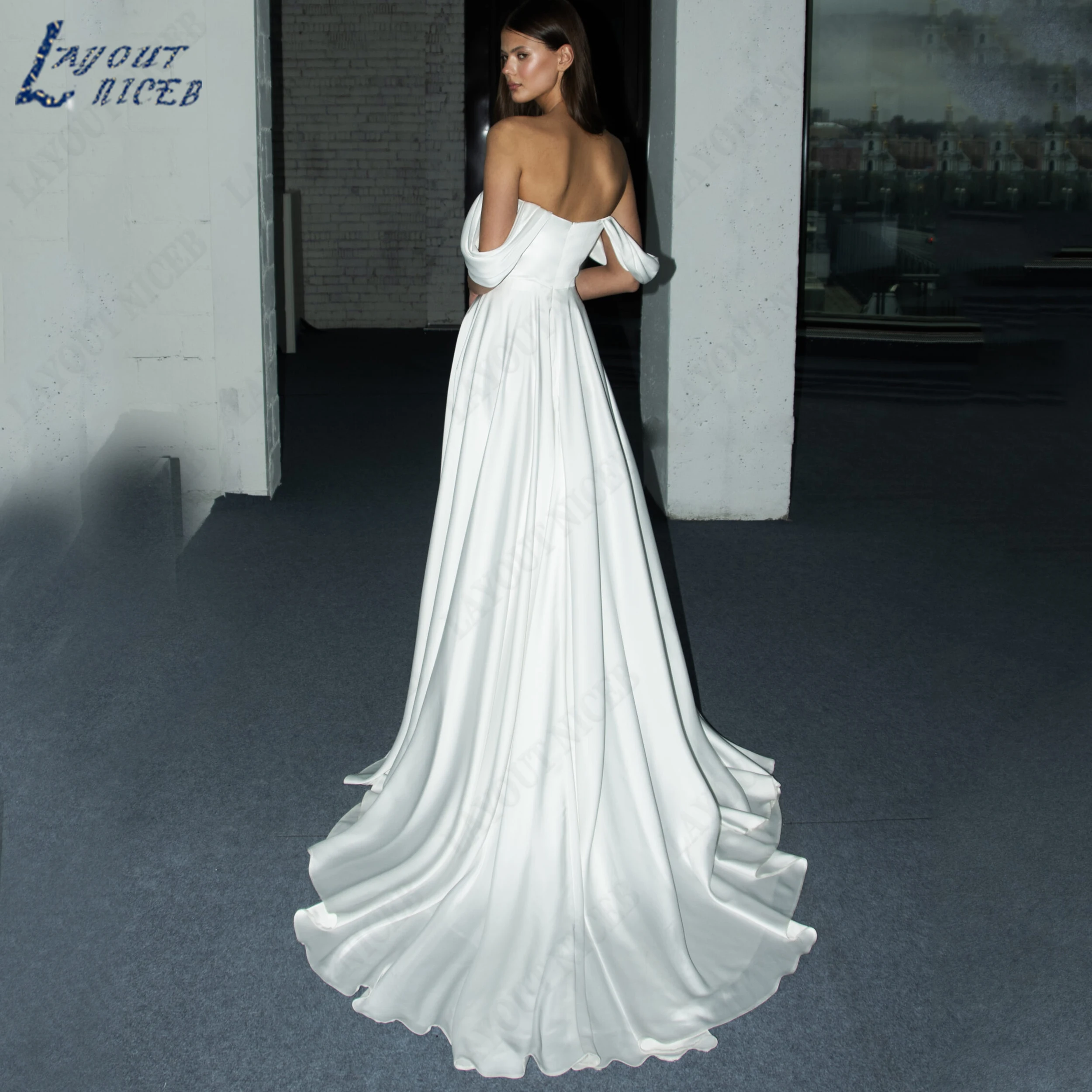 LAYOUT NICEB Customized Off The Shoulder Satin A Line Wedding Dress Lace Slit Bridal Gown Boat Neck Romantic Gowns For Bride
