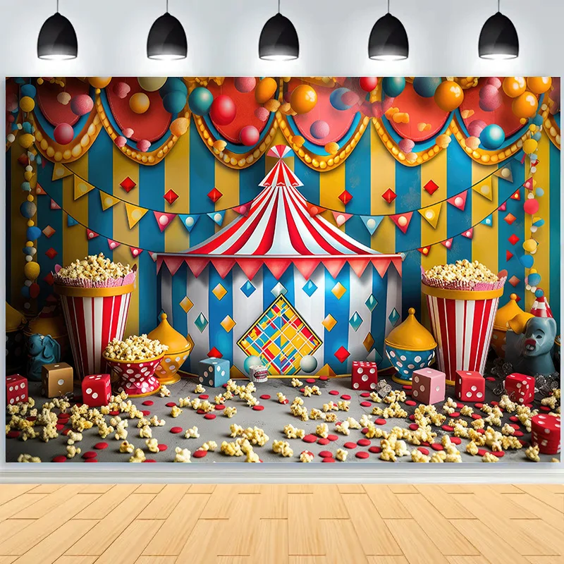 Circus Tent With Striped Canopy Photography Backdrops Balloons Birthday Party Decor Animal Clown Photo Studio Background SD-02