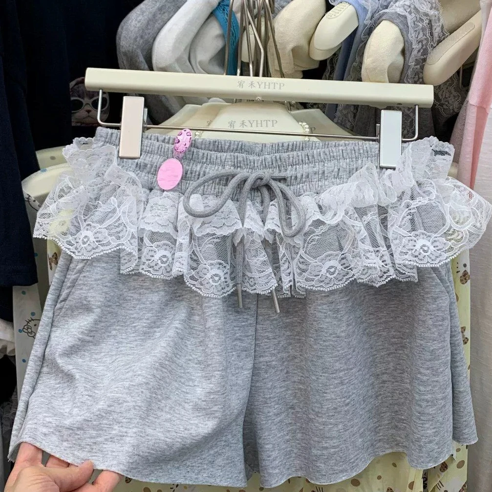 2026 Summer New High-waisted and Thin Lace Ruffle Edge Splicing Shorts Women's A-shaped Wide-leg Casual Shorts