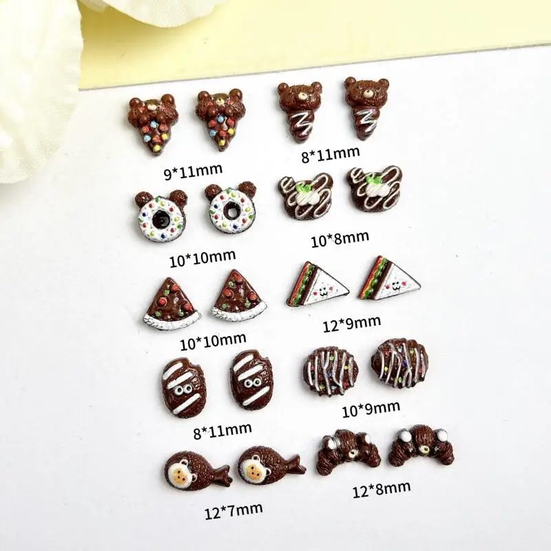 30PCS Cute Bear Donut Ice-cream Nail Charms Simulated Chocolate Sandwich Croissant Resin Nail Art Decorations DIY Nails Parts