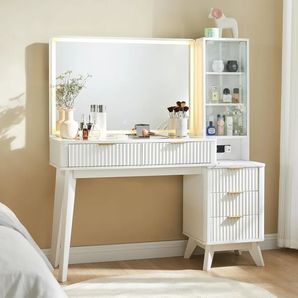 

large 48" fluted makeup vanity desk with 36" mirror, lights, glass top, 5 drawers, and adjustable seat