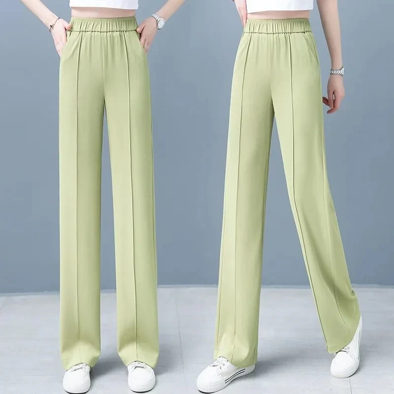 

2024 Female High Waisted Ice Shreds Straight leg Pant Summer Women Leisure Loose Fitting Trousers Ladies New Wide Legs Pantalons