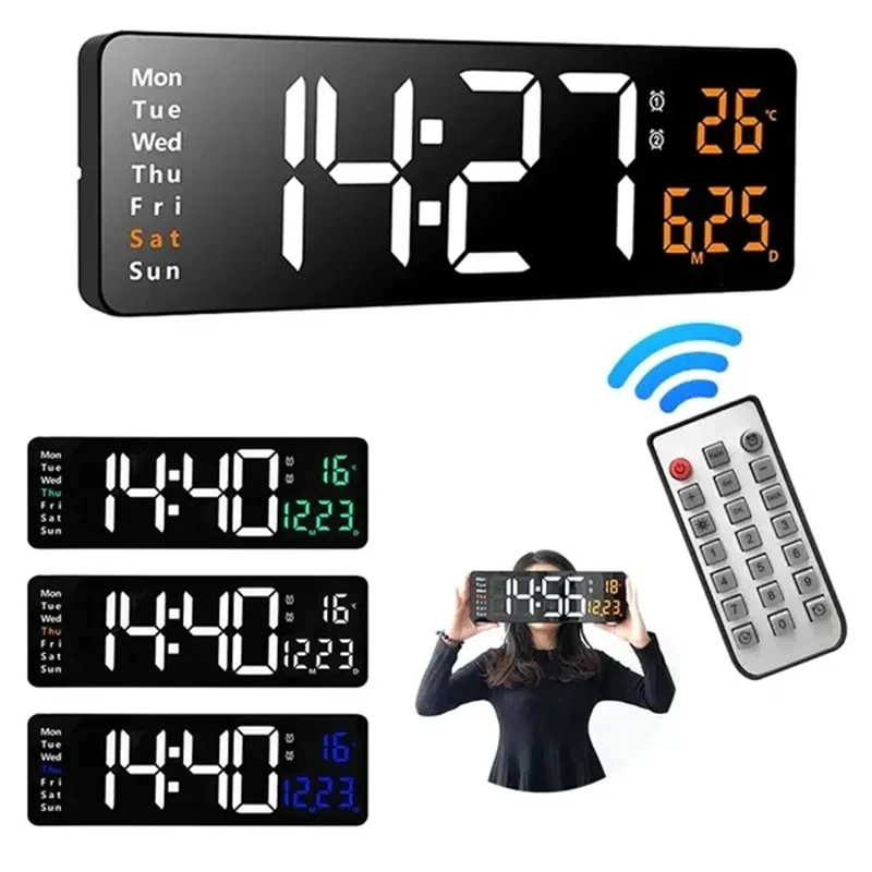 

Large Digital LED Wall Clock Calendar with Dual Alarms,Temperature Thermometer for Bedroom Living Room Table Desktop Decoration