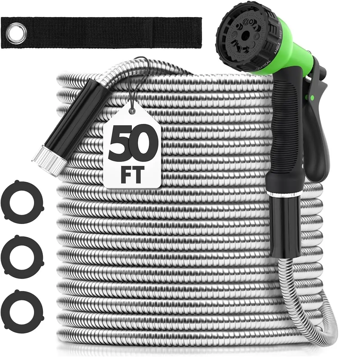 

Metal Garden Hose 50ft,304 Stainless Steel Heavy Duty Water Hose with 10 Function Nozzle -Flexible, Lightweight