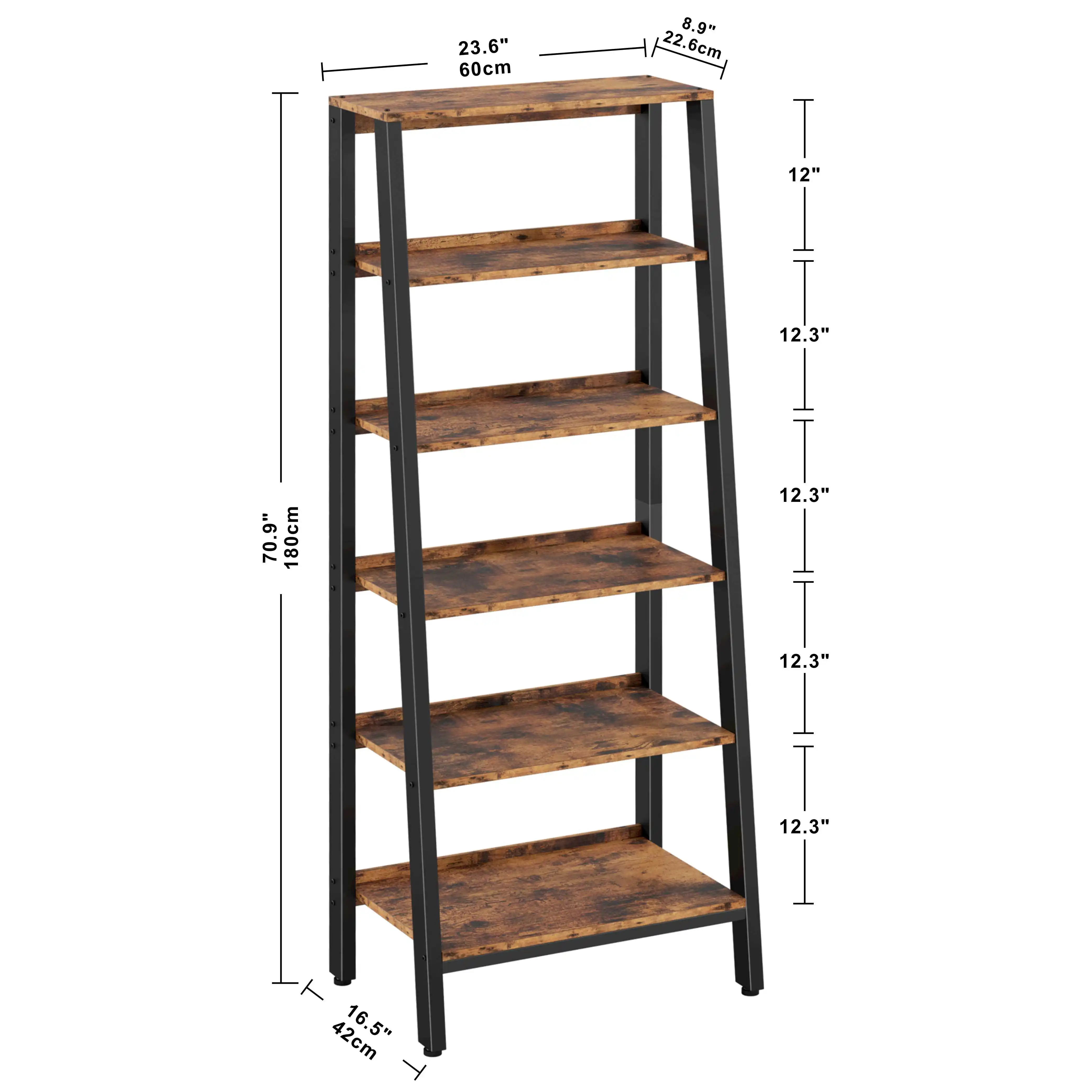 IRONCK Industrial Bookshelf 6-Tier, Bookcase Ladder Shelf, Storage Shelves Rack Shelf Unit, Accent Furniture Metal Frame, Home O