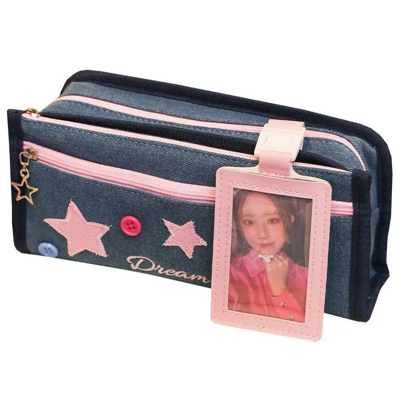 Cute and Fashionable Denim Pencil Case Stationery with Large Capacity, Simple and Retro New Style Pencil Bag Korean Stationery