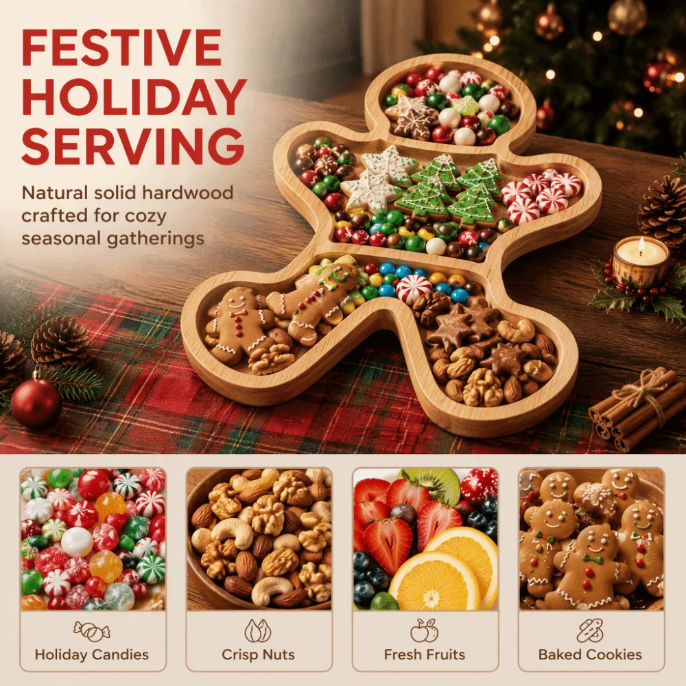 Wood Christmas Storage Tray Divided Compartments Gingerbread-Shaped Design Divided Tray Xmas Gloves Non-Food Contact Surface