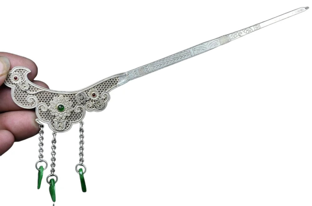 18.5CM Rare Old Chinese Miao Silver Gems Dynasty Palace Belle Jewelry Hairpin