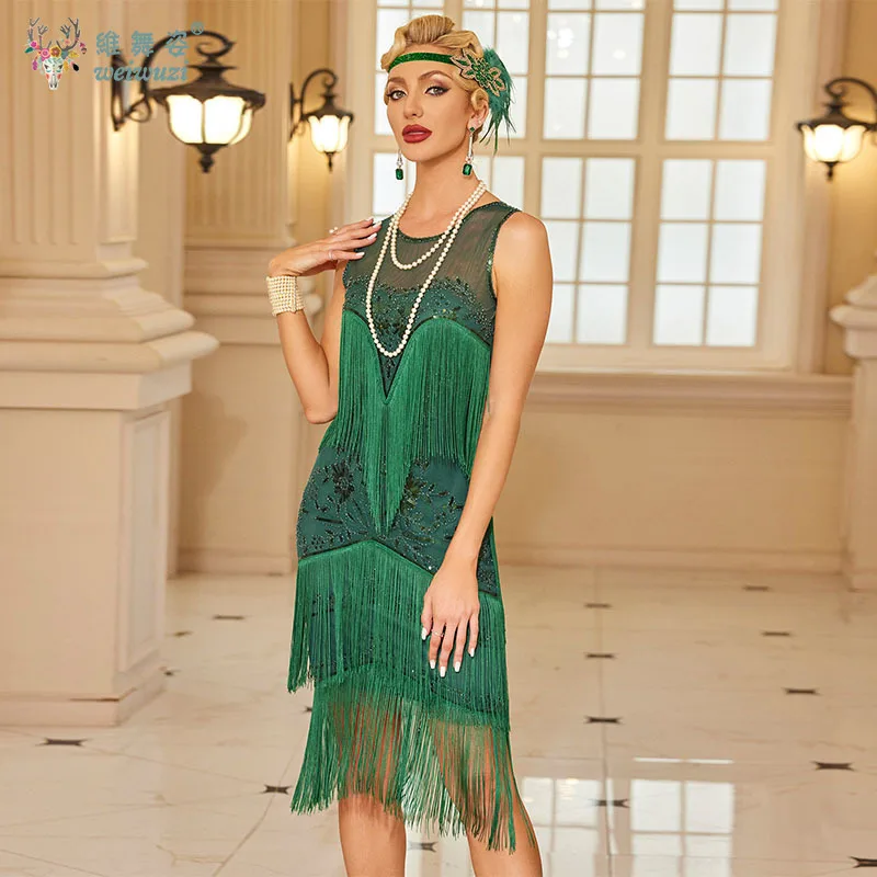 빈티지 스타일 민소매 우아한 코스튬 성인 레트로 프롬 자수 태슬 가운 장식 메쉬 비즈 스팽글 여성 드레스