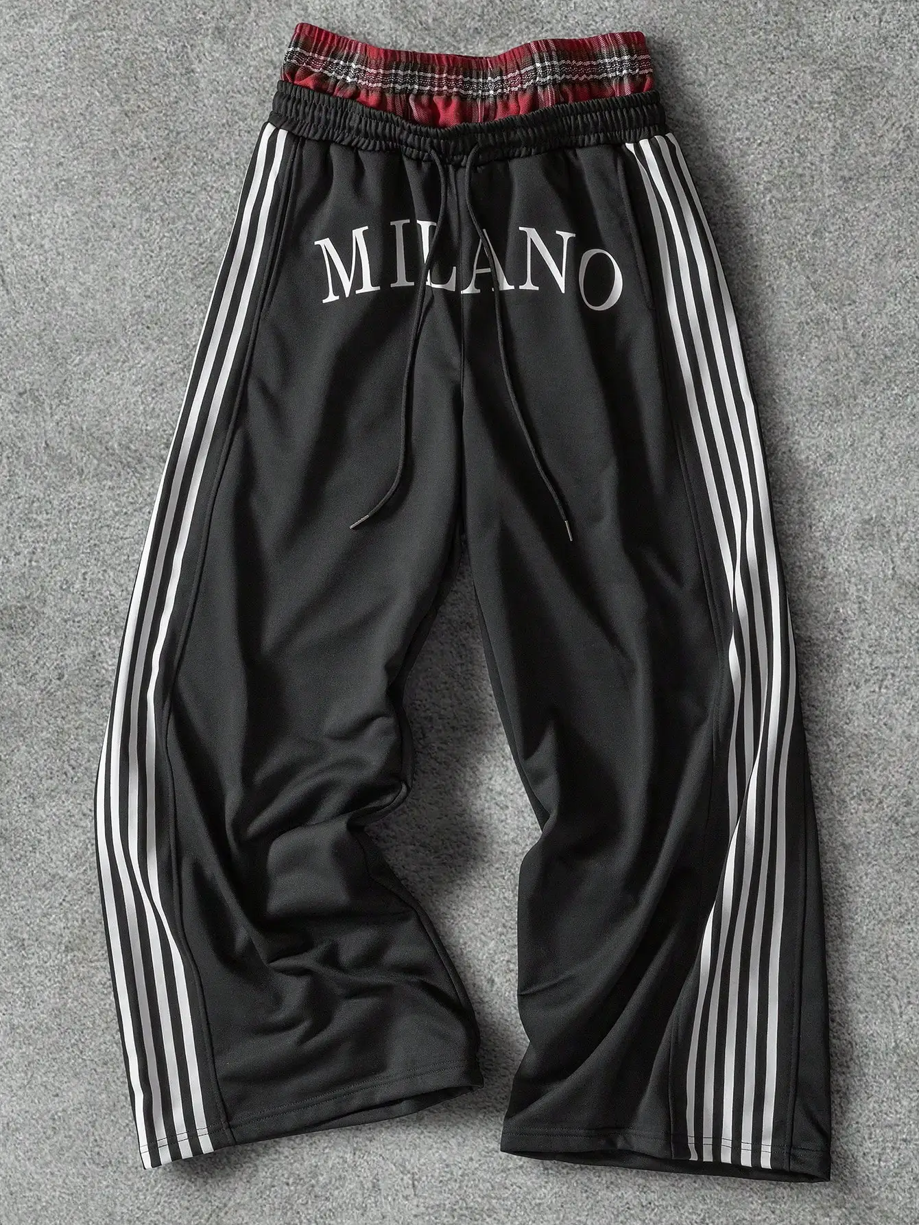 

Men's Black Track Pants with White Stripes and Bold Print, Loose Fit Casual Wear