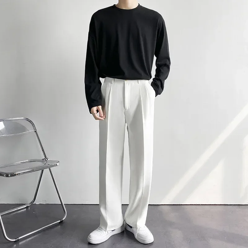 Spring/Summer Dropped Straight Suit Pants for Men\'s Loose Korean Casual White Clean Fit Trousers Youth Office Simple Streetwear