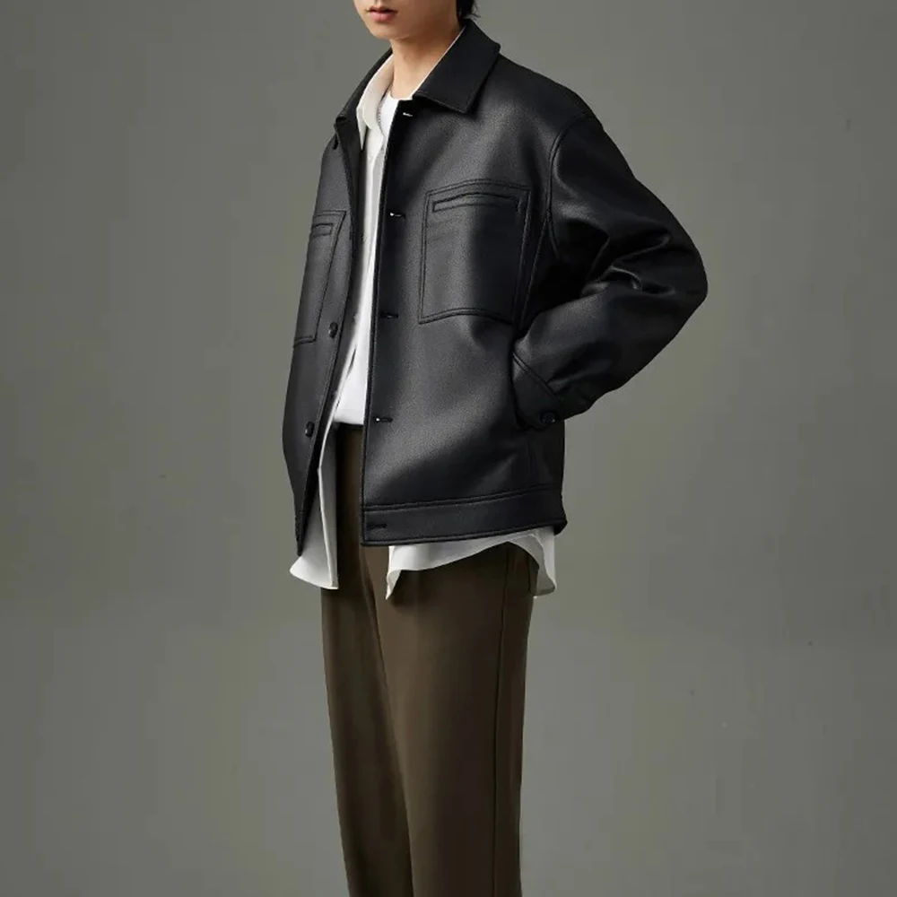 Winter New Men's Solid Color Long-Sleeved Leather Jacket American Retro Fashion Trendy Street Casual Breathable Simple Men's Top