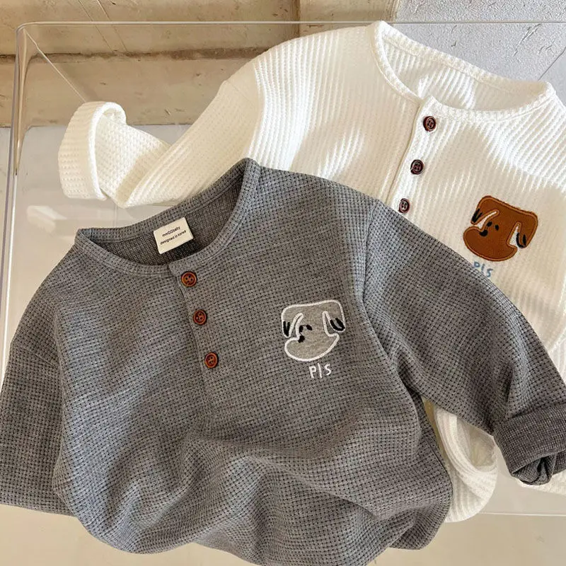 Toddler Loose Casual Pullover Kids Waffle Tops 2025 Autumn New Children Long Sleeve T Shirts Baby Boy Girl Embroidery Sweatshirt