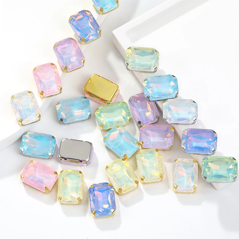 10Pcs Sewn Opal Rhinestones 13x18mm Rectangle Shape Glitter Glass Metal Claw for Sewing Beads Clothes DIY Crafts Accessorie