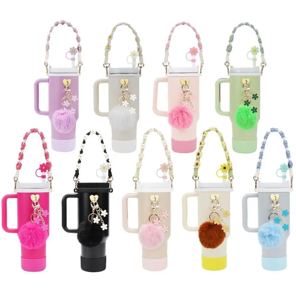 7pcs/set Handmade Water Bottle Chain Pendant Set Multiple Color Flower Pattern Cup Accessories Set Handle Strap and Hook