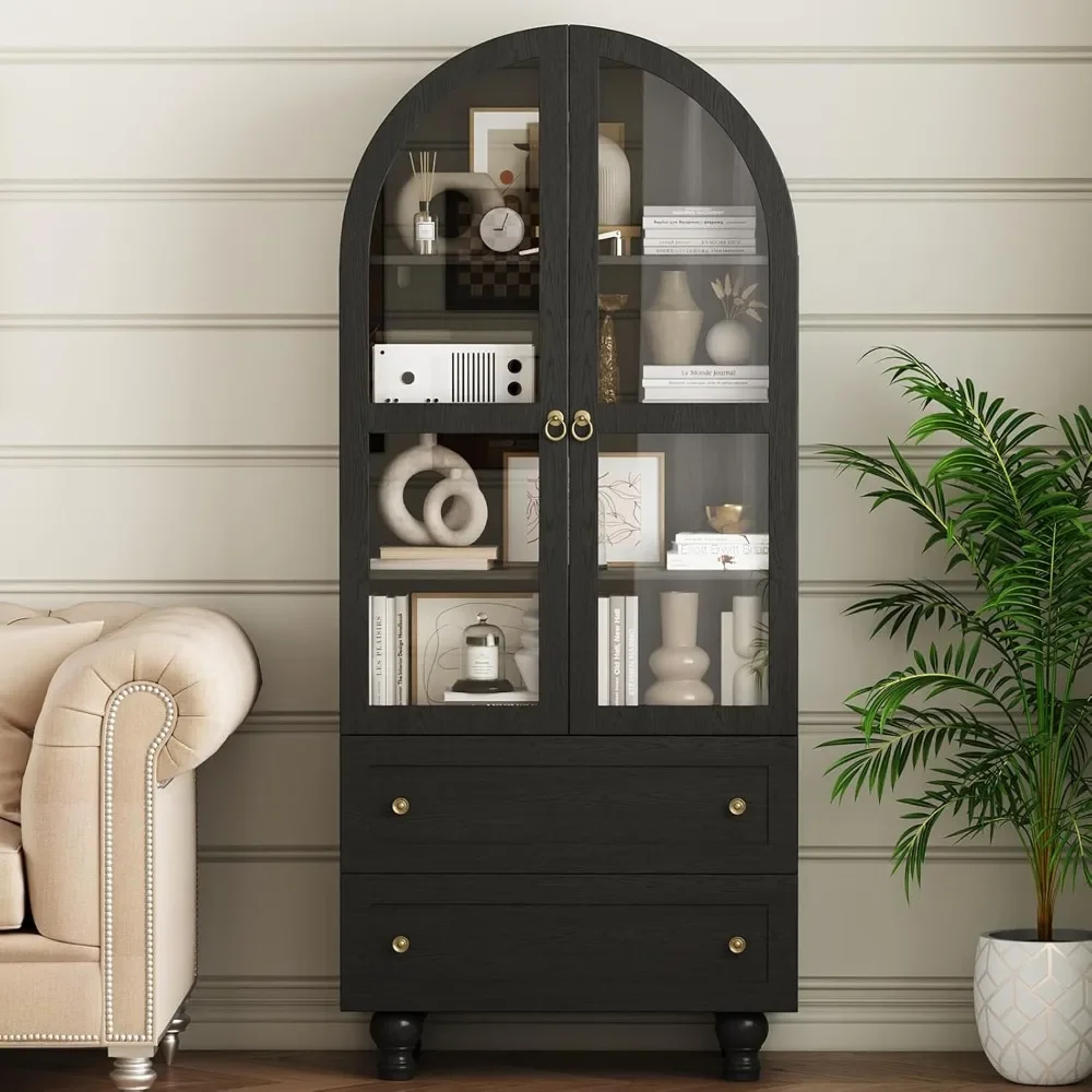 

71" Cabinet, Modern Display Cabinet with Dual Glass and 2 Drawers, 4-Tier Versatile Bookshelf for Living Room, Dining Room