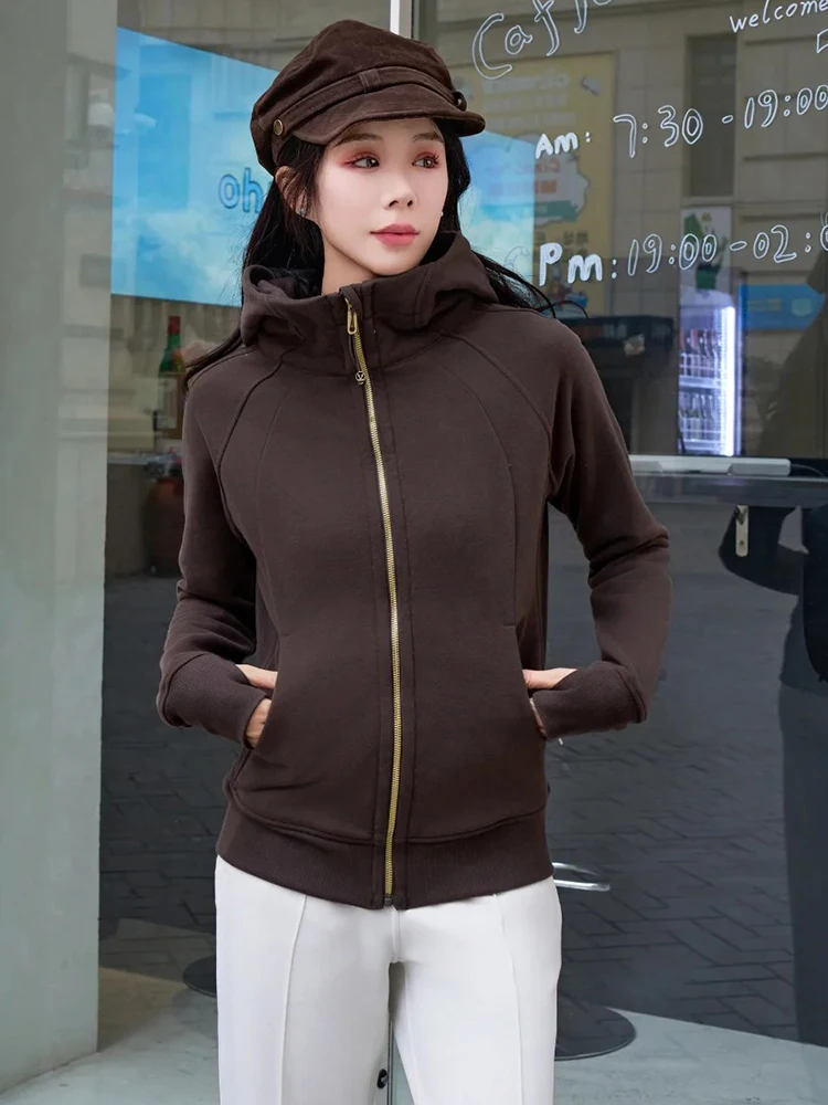 

Gold Zipper Hoodie Sweatshirt Jacket, Fall Winter Fleece Yoga Top, Casual Long Sleeve Pullover for Women, Comfortable and Warm