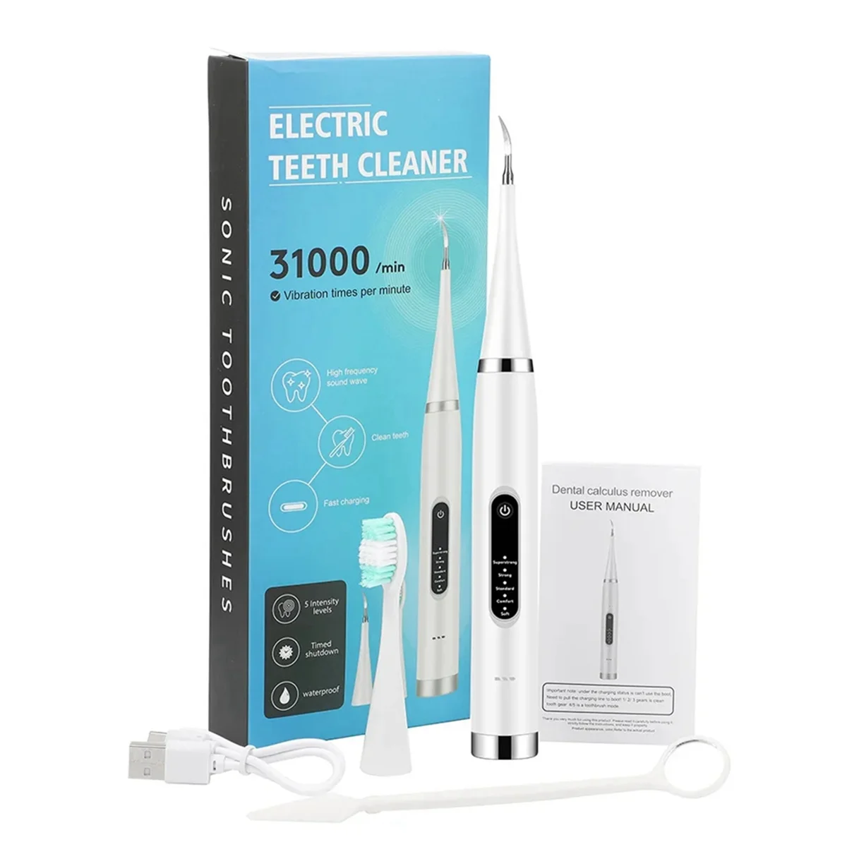 Limpiador de dientes eléctrico, dispositivo de limpieza y blanqueamiento dental, resistente al agua, elimina el sarro fresco, cuidado bucal, blanco (1 cabezal)