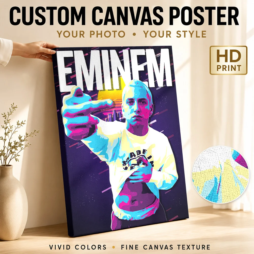 Eminem Reaching Towards Viewer Framed Canvas Poster Personalized Photo Retro Color Blocks Wall Art For Home Recording Studio
