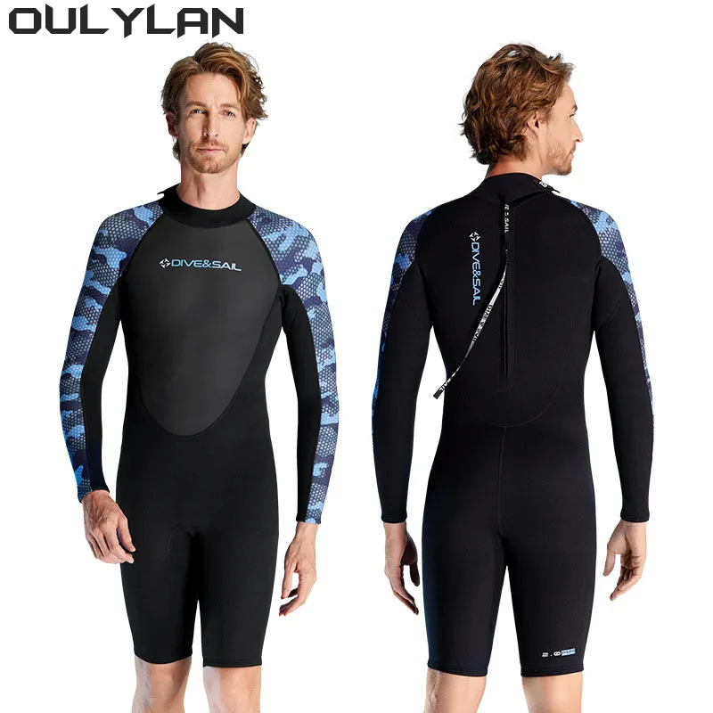 Oulylan Snorkeling Swimming Surfing Wet Suits Neoprene Wetsuit 2MM Shorty Men Front Zip Long Sleeves Diving Suit for Underwater