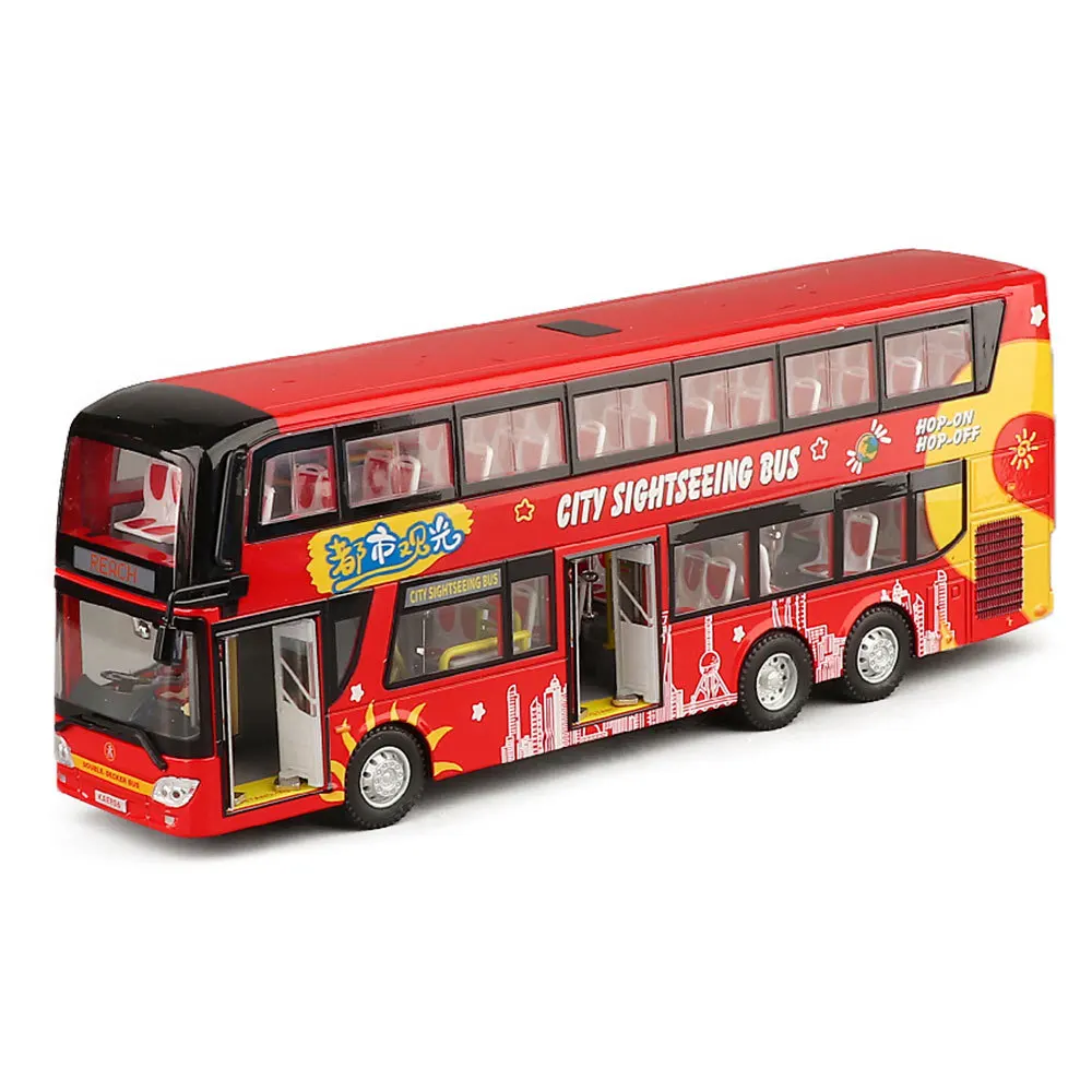 1:42 Scale Double-Decker Toy Bus, City Sightseeing Metal Alloy Model Car Pull Back Sound & Light Collection For Boys, Kid