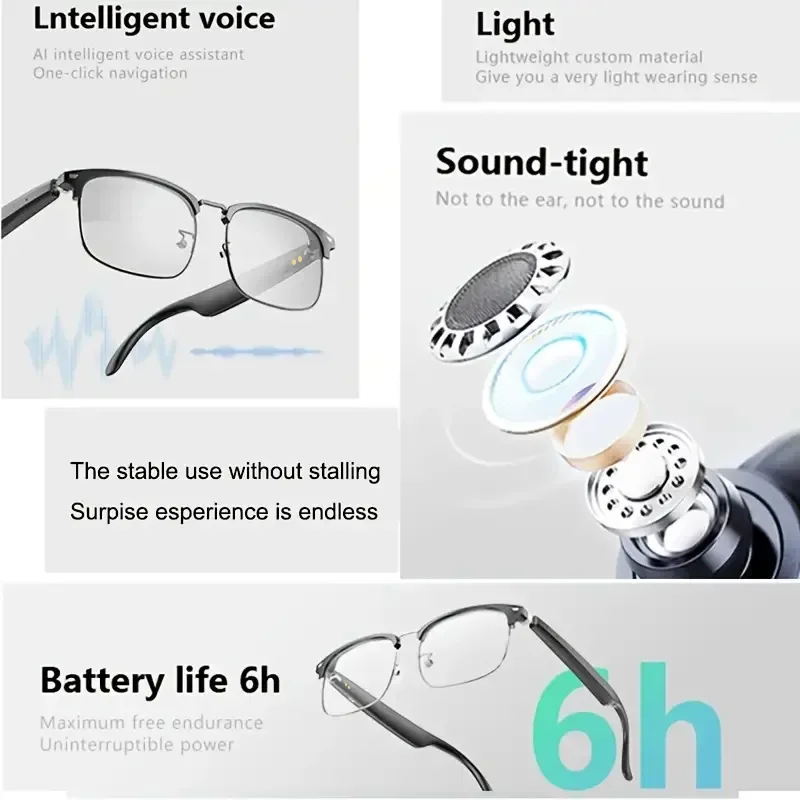 Occhiali audio Bluetooth intelligenti AI Occhiali da traduzione aziendale con montatura in metallo multilingue