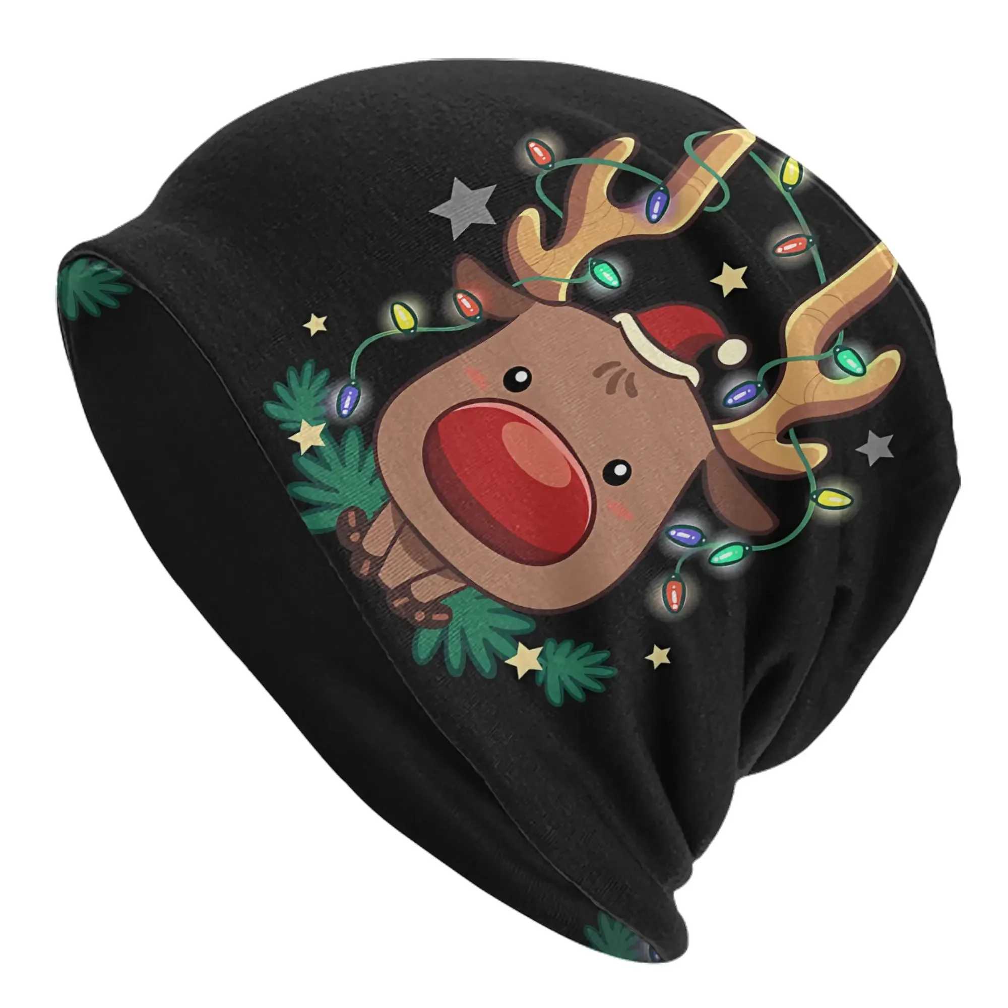 Adorable Reindeer Christmas Beanie Hat with Glowing Lights Soft Warm Winter Cap, Festive Red Nose & Antlers, Cozy Holiday Party