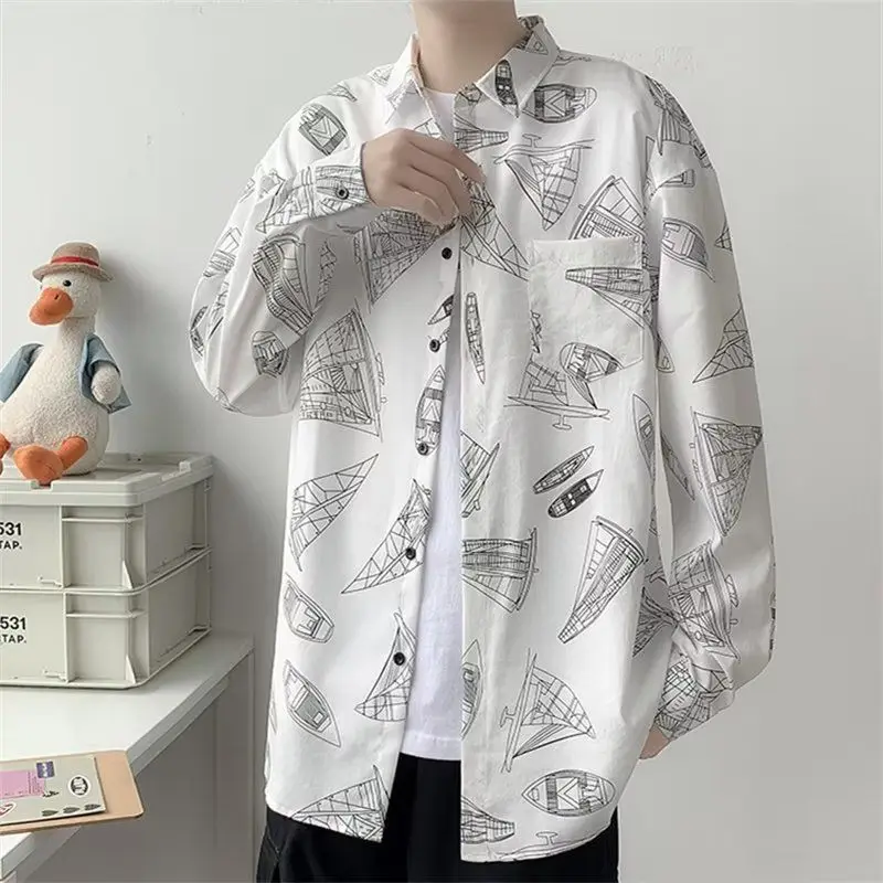 Spring Autumn Fashion Printing Long Sleeve Blouse Men's Clothing Color Blocking Trend Single Breasted Japanese Style Chic Shirts