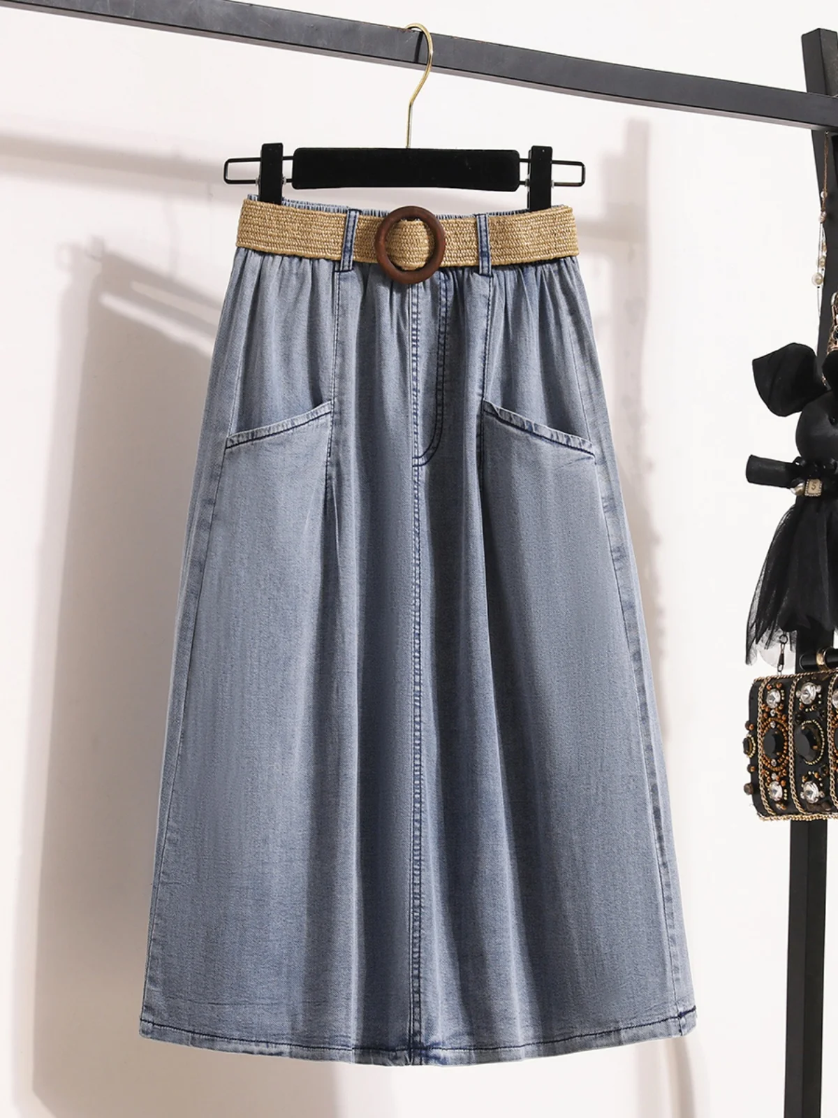 Retro Hong Kong Style Mid-Length A-Line Straight Denim Skirt Cover Hip Pear Shape plus Size Women's Spring New Arrival