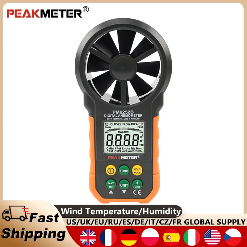PEAKMETER PM6252B Digital Anemometer High-precision Hand Held Wind Speed Meter Windmeter Wind Speed, Temperature and Humidity