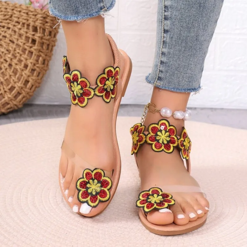 2024 Summer New Bohemian Flat Slippers Wearing Ethnic Style Butterfly Toe Beach Sandals for Women Size 43