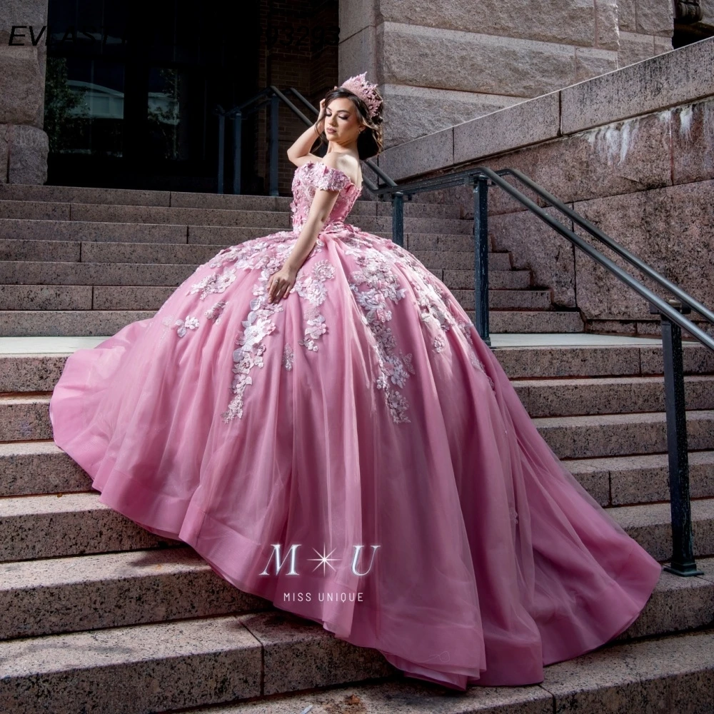 

EVLAST Customized Princess Pink Quinceanera Dress Ball Gown Lace Applique Beading Corset Sweet 16 Vestidos De 15 Anos E1QN729