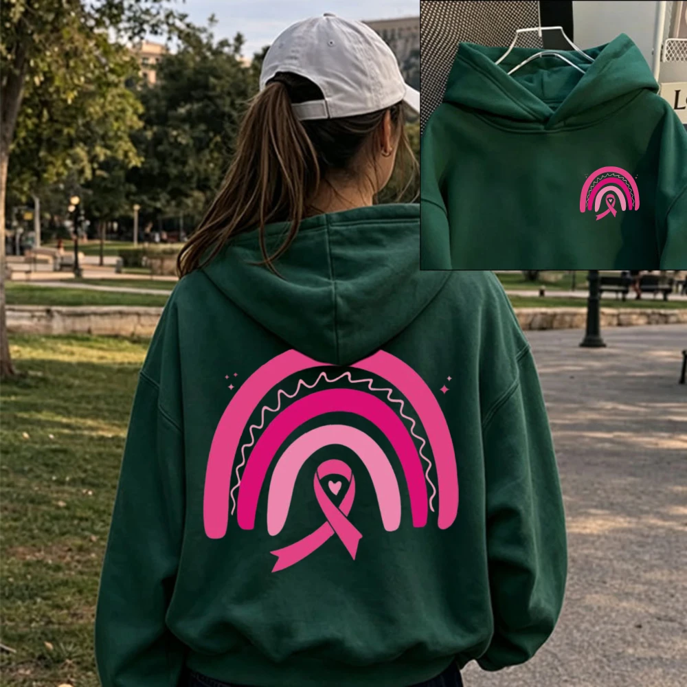 Pink Rainbow Pink Ribbon Hooded Front Mini Rainbow Ribbon Print Back Large Pattern Pullover Breast Cancer Awareness Casual Tops