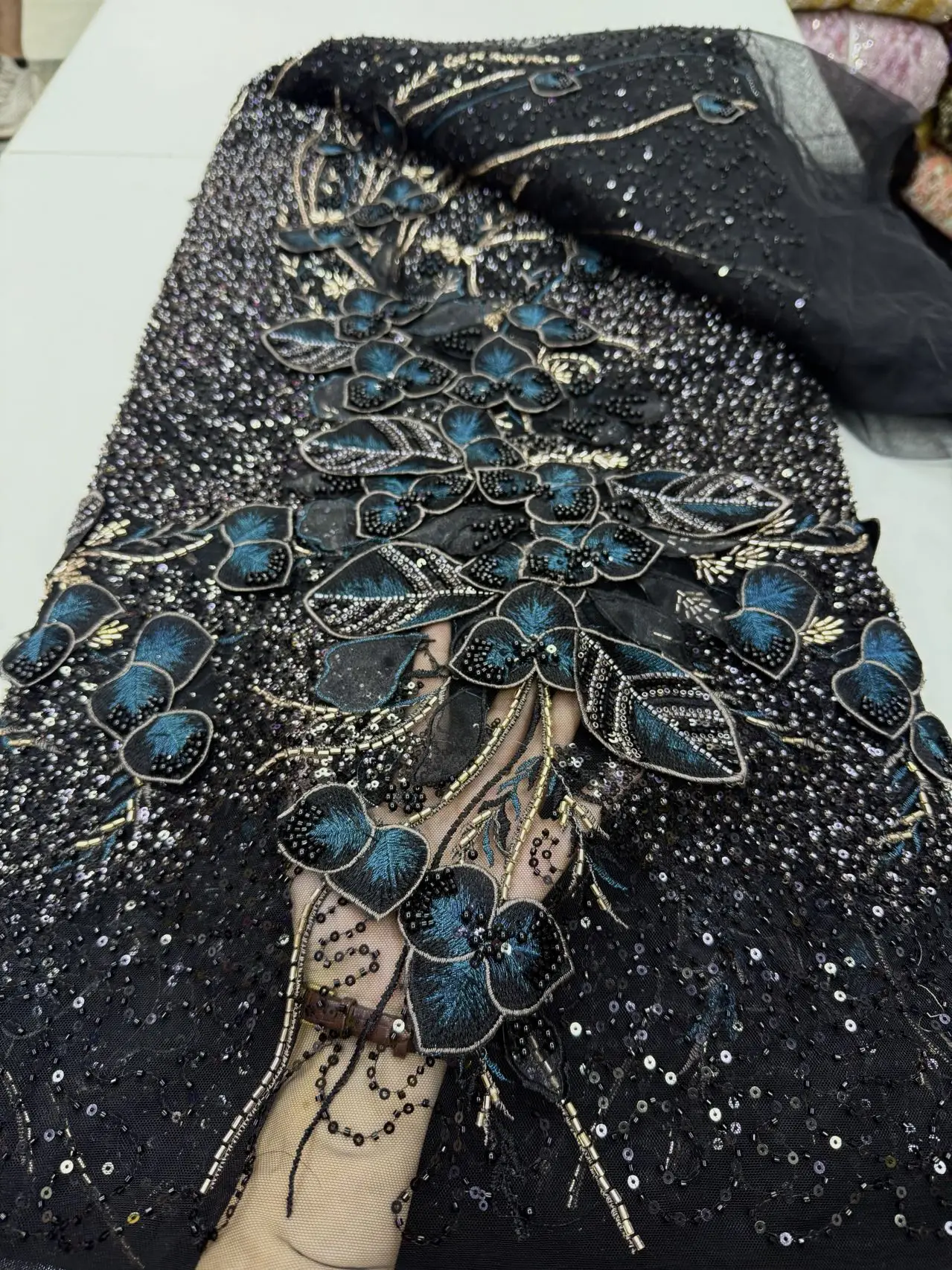 

3d Flowers Beaded Lace Fabric Luxury Dubai Sequins Embroidery Fabric for Wedding Dress Lace Sewing Material Tulle Mesh Fabric
