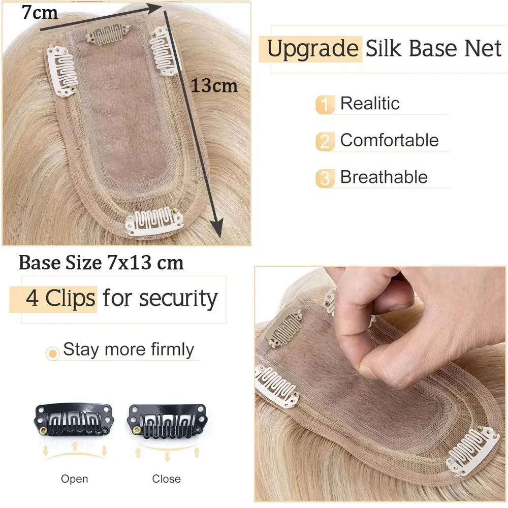 SEGO Kopfhaut-Topper aus 100 % Echthaar-Seide für Frauen mit dünner werdendem Haar, 7 x 13 cm, Seidenbasis, natürliches Haar, Clip-in-Top, Wiglet-Haarteile – Detail 3
