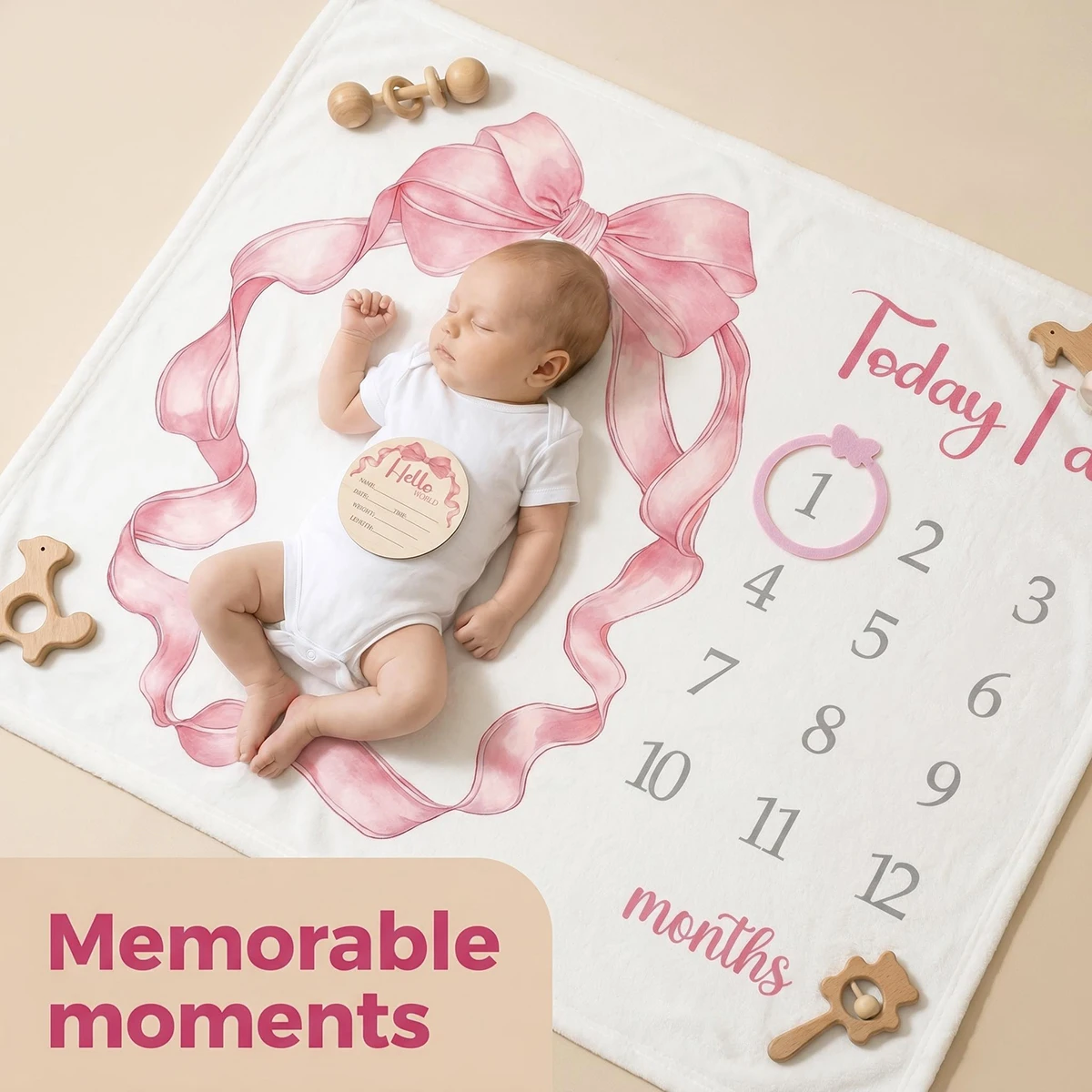 Newborn Photography Outfits Soft Monthly Milestone Blanket Baby Pink Bow Photo Prop Mat Includes Month Marker Ring Hello Birth