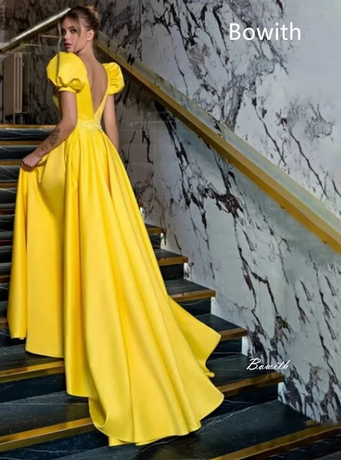 Bowith Yellow V Neck Sexy Evening Party Dresses for Women Fashion High Waist Puff Sleeve Women's Dress Elegant Train Prom Gown