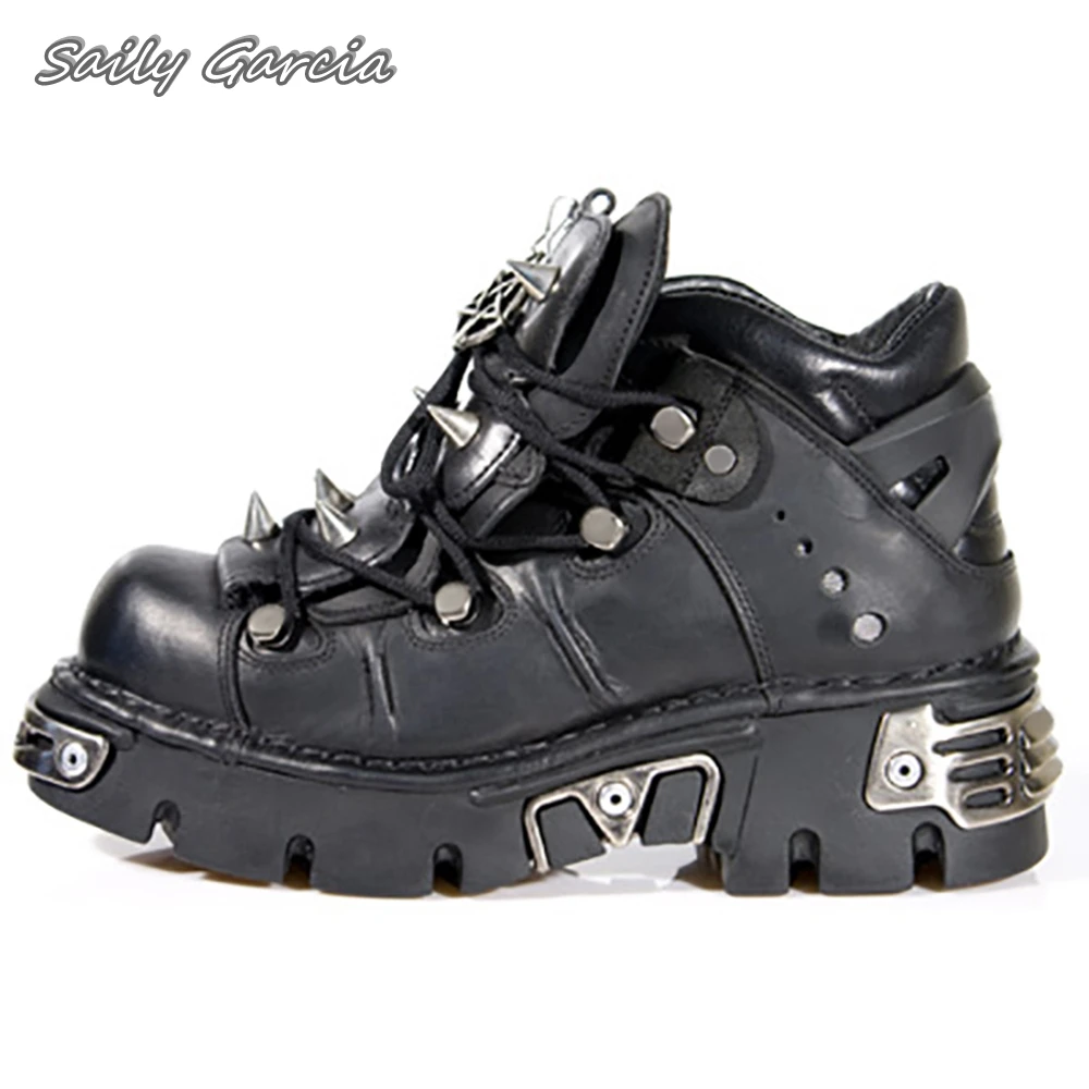 Black Metal Rivet Rock Punk Style Ankle Boots 2024 Y2K Large Size Lace Up Cool Girl Boots Round Toe Chunky Heel Casual Boots