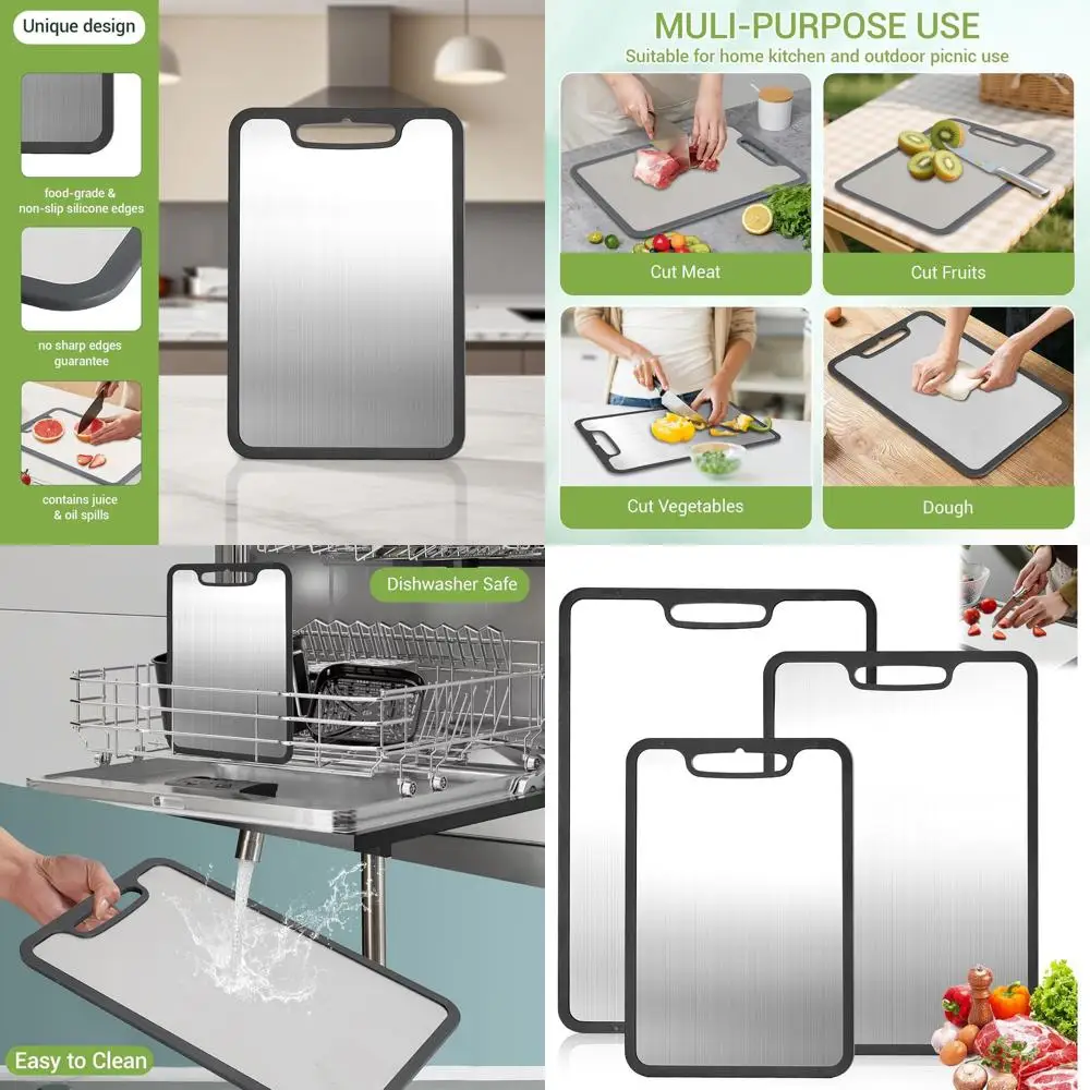 

3-Piece Stainless Steel Kitchen & Camping Cutting Board Set with Silicone Edges for Stability and Safety