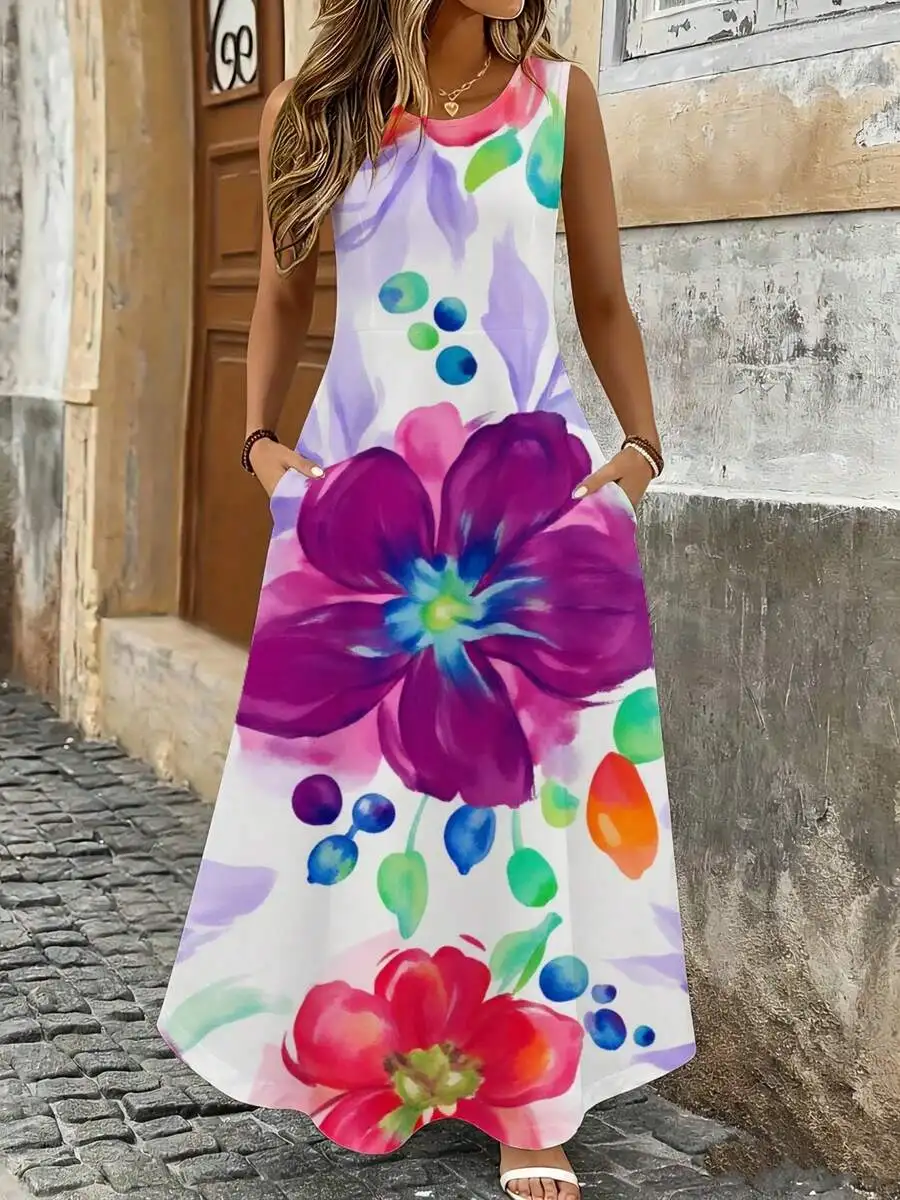

Floral Maxi Dress White Watercolor Print Purple Pink Flowers Summer Beach Vacation Wear